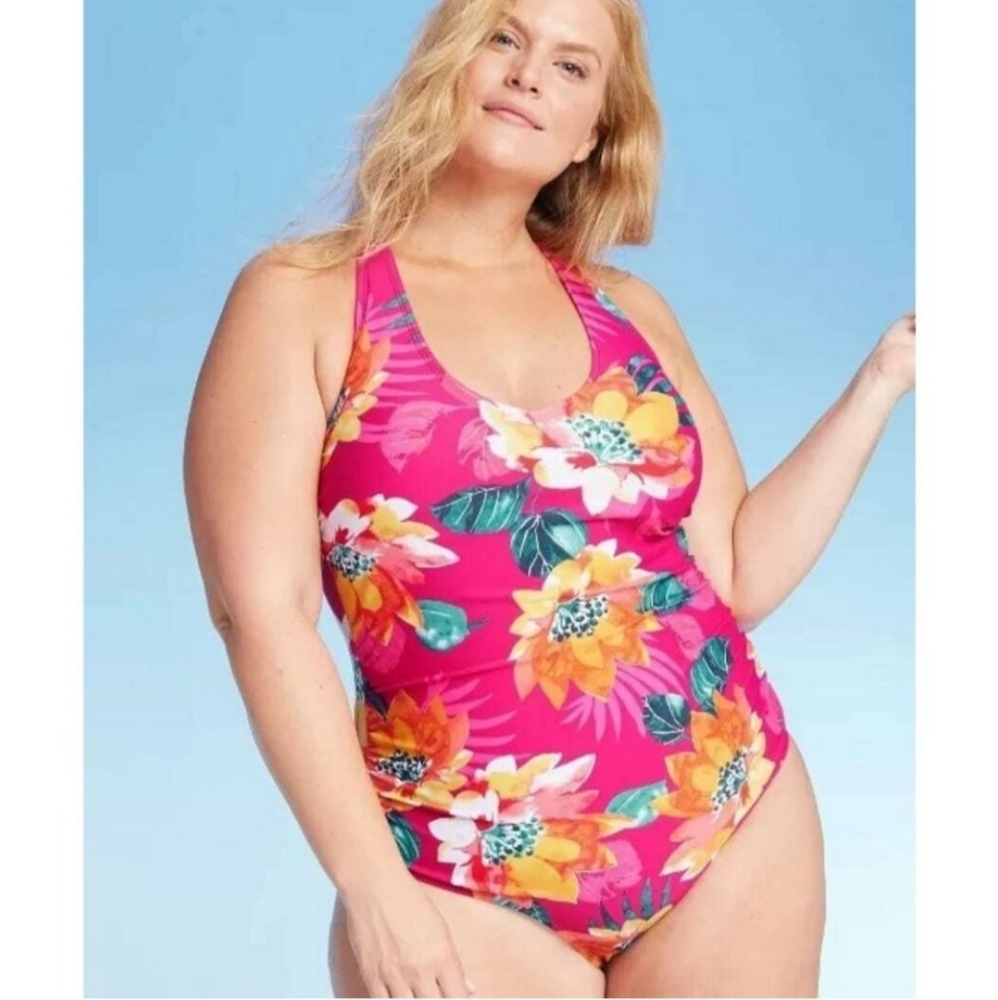Kona Sol Women's Plus Pink Floral Tropical One-Piece Summerfun Swimsuit NEW